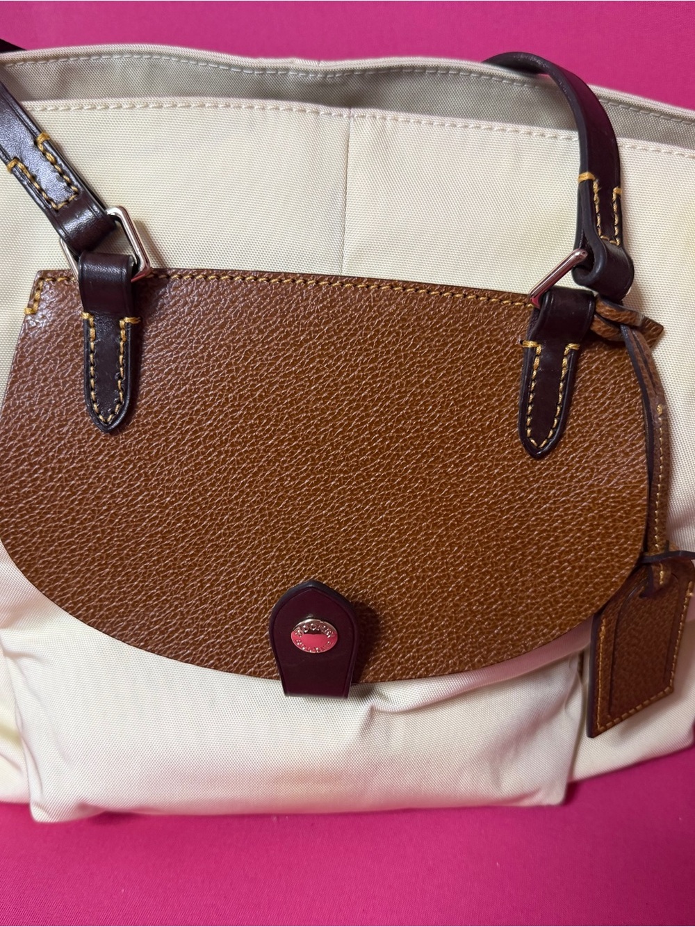 Pre Owned Dooney & Bourke Cream and Brown Leather Tote with Dark Brown Straps - Picture 2 of 8